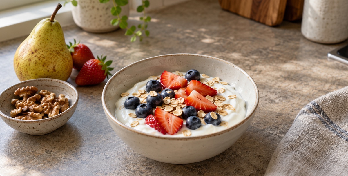 A stoneware bowl of yogurt topped with sliced strawberries, blueberries, and oats, beside a small bowl of walnuts, a pear, and fresh strawberries on a stone countertop