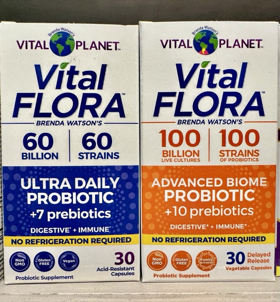 Vital Flora Ultra Daily and Advanced Biome probiotic boxes on a shelf at Divine Wellness
