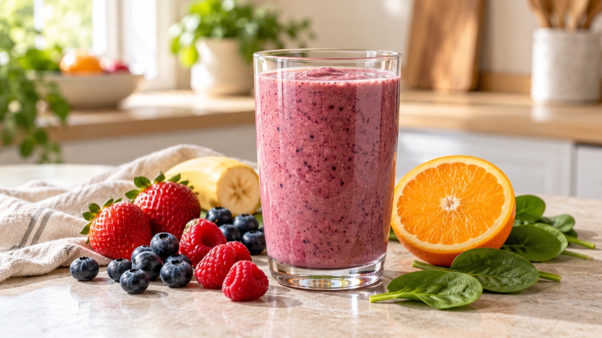Berry-and-citrus smoothie with mixed berries, a cut orange, banana, and spinach on a sunlit kitchen counter.