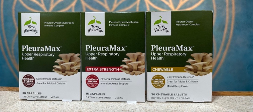 Terry Naturally PleuraMax original capsules, Extra Strength capsules, and Chewable tablets on the counter at Divine Wellness